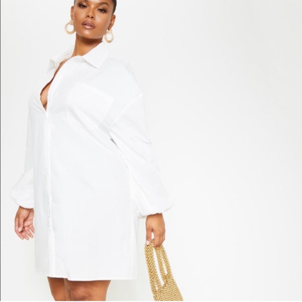 PrettyLittleThing White Puff Sleeve oversized shirt dress Size 22 NWT